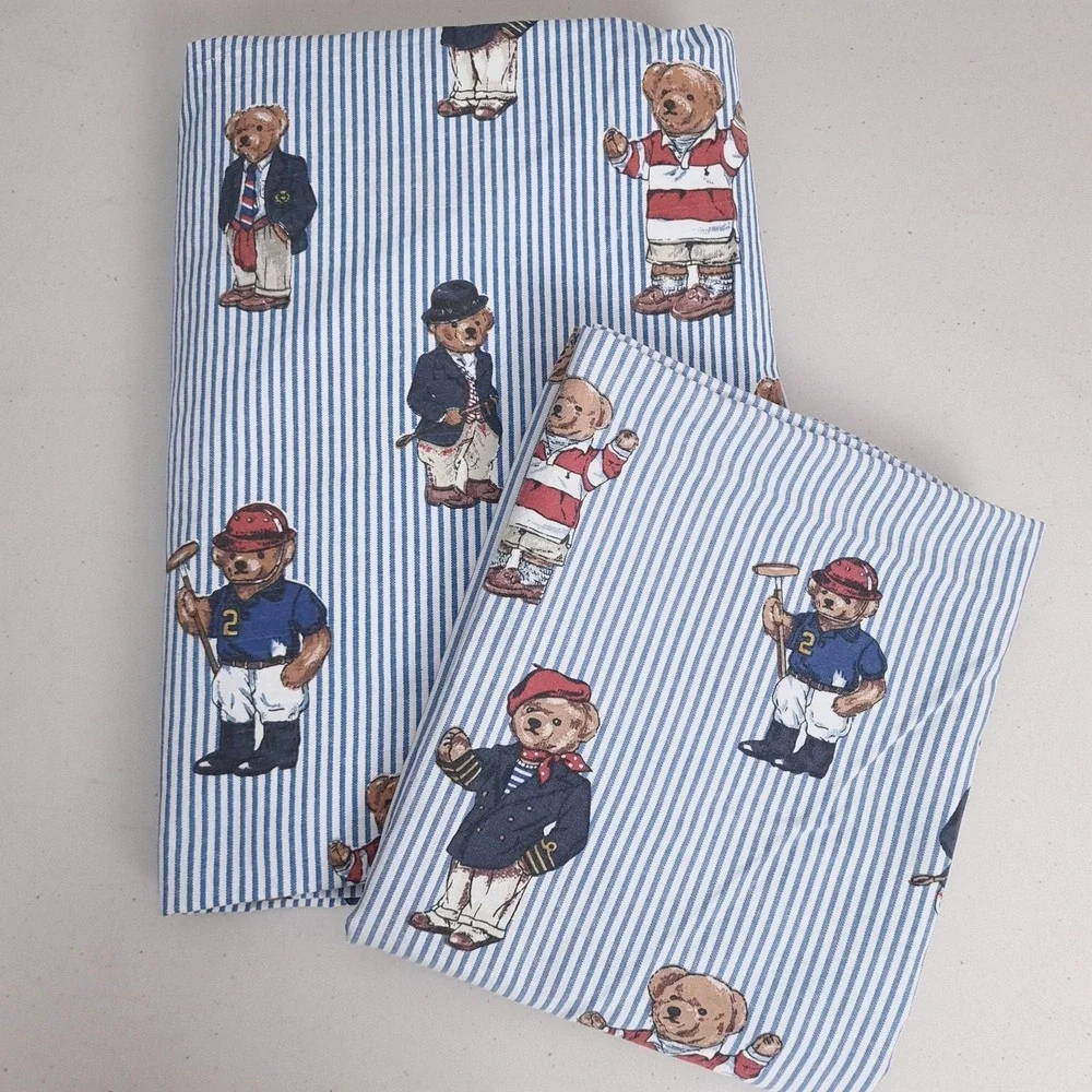 Ralph Lauren Polo Bear Pillowcase Flat Sheet 2 Piece Set Twin Blue Striped Rugby